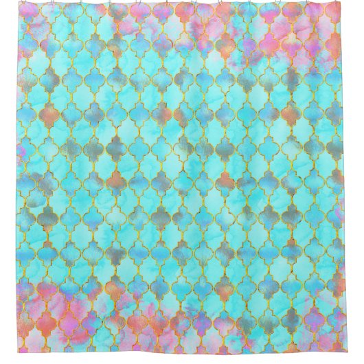 Roze en Aqua Maroccan patroon Douchegordijn (Voorkant)