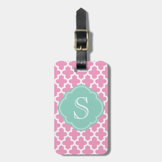 Roze en Aqua Modern Moroccan Custom Monogram Bagagelabel (Voorkant verticaal)