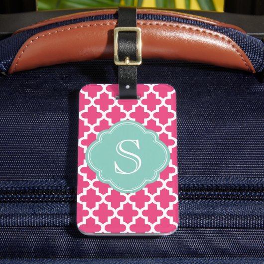 Roze en Aqua Modern Moroccan Custom Monogram Bagagelabel (Voorkant Insitu 2)