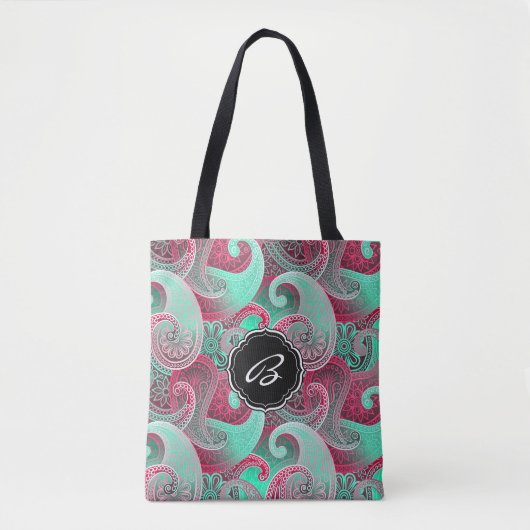Roze en Aqua Paisley Patroon met Monogram Tote Bag (Voorkant)