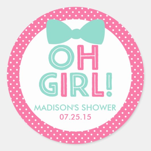 Roze en Aqua Polka Dot Oh Meisje Baby shower Ronde Sticker (Voorkant)