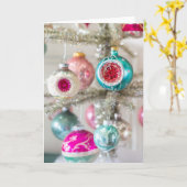 Roze en Aqua Vintage Kerst Ornamenten Kaart (Gele Bloem)