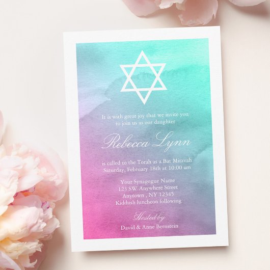 Roze en Aqua Waterverf Bat Mitzvah Uitnodigingen