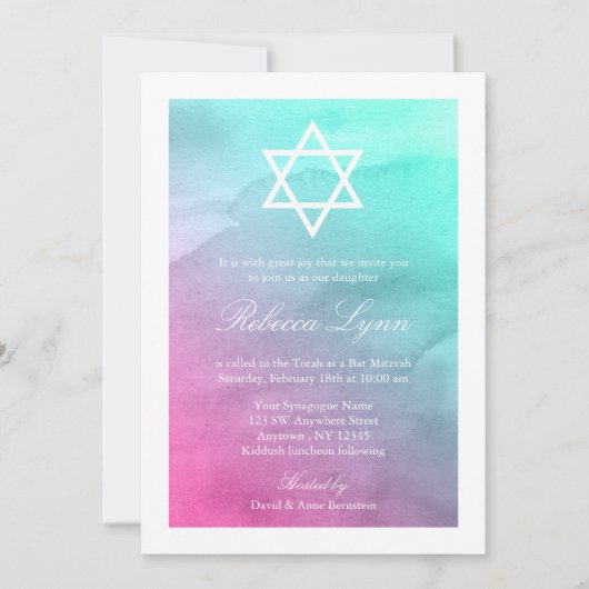 Roze en Aqua Waterverf Bat Mitzvah Uitnodigingen (Voorkant)