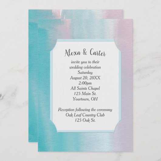 Roze en Aqua Waterverf Wedding Invite Kaart (Voorkant / Achterkant)