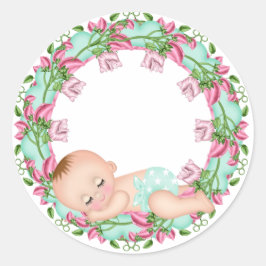 Roze en Baby shower Sticker met Baby floraal