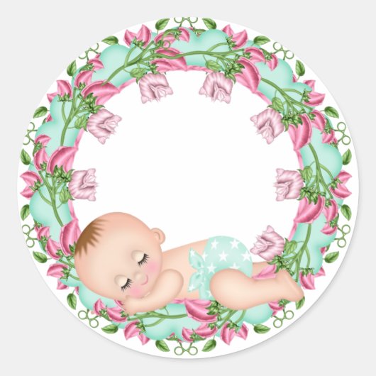 Roze en Baby shower Sticker met Baby floraal (Voorkant)