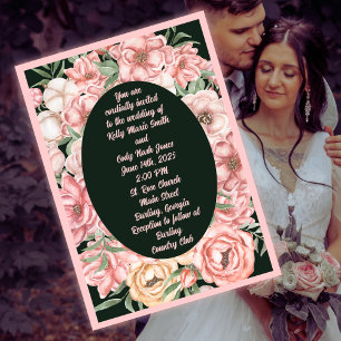 Roze en beige bloem ovaal op Deep Green Wedding Kaart
