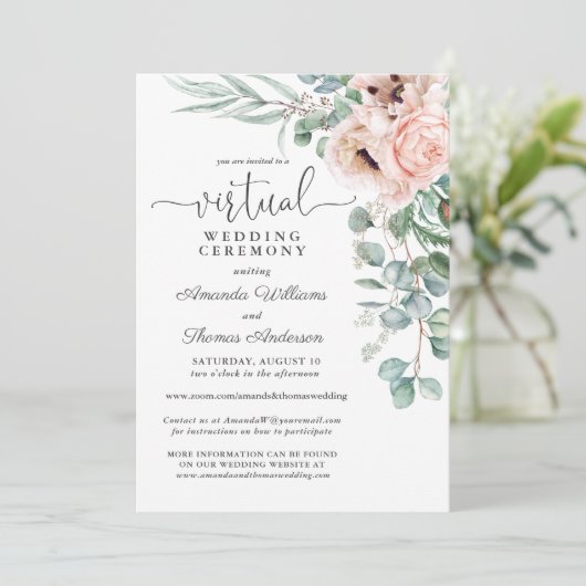 Roze en beige Bloemen Poppies Virtuele bruiloft Kaart (Staand voorkant)