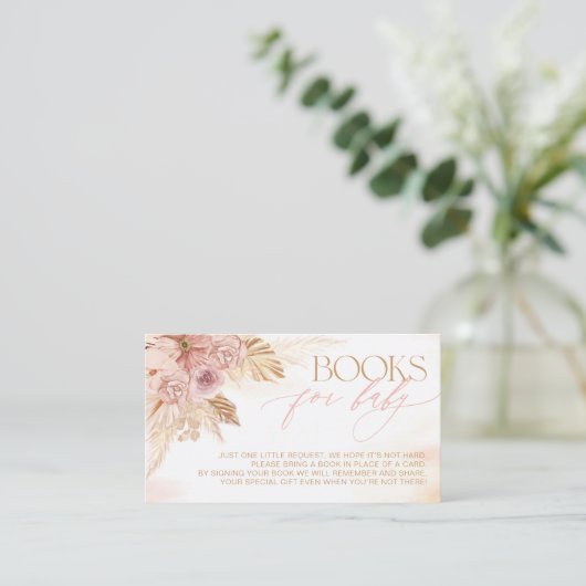 Roze en Beige Boho Pampas Boeken voor Baby shower Informatiekaartje (Staand voorkant)