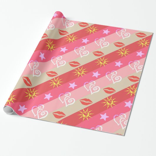 Roze en beige diagonale strepen cadeaupapier (Uitgerold)
