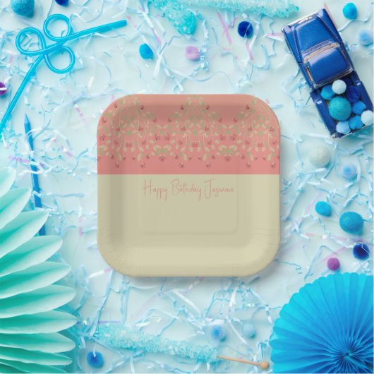 Roze en beige Floral, gecentreerd vierkant Papieren Bordje (Feest)