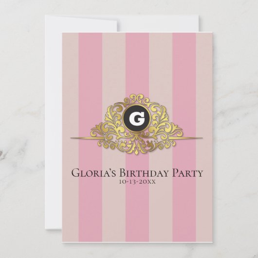 Roze en beige Gold Monogram Elegant Invitation Kaart (Voorkant)