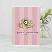 Roze en beige Gold Monogram Elegant Invitation Kaart (Staand voorkant)