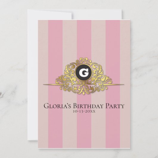 Roze en beige Gold Monogram Elegant Invitation Kaart (Achterkant)