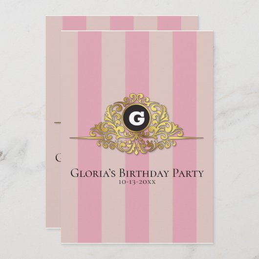 Roze en beige Gold Monogram Elegant Invitation Kaart (Voorkant / Achterkant)