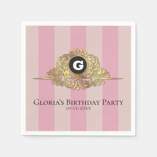 Roze en beige Gold Monogram Elegant Napkin Servet (Voorkant)