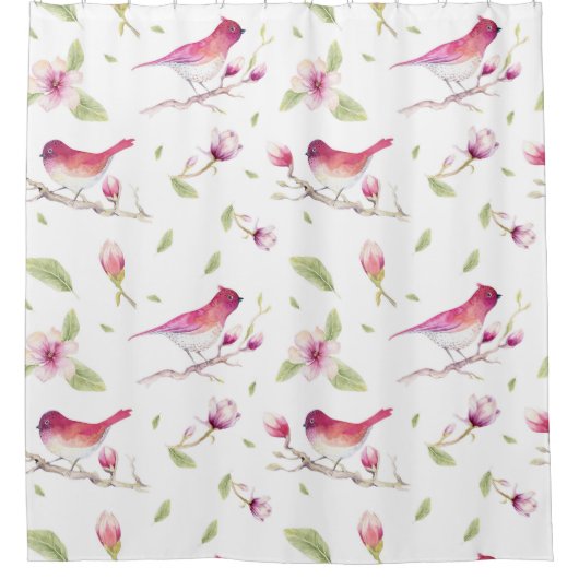 Roze en beige magnolia en vogels douchegordijn (Voorkant)