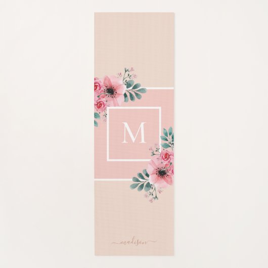 Roze en beige | Monogram Waterverf bloemen Yogamat (Voorkant)