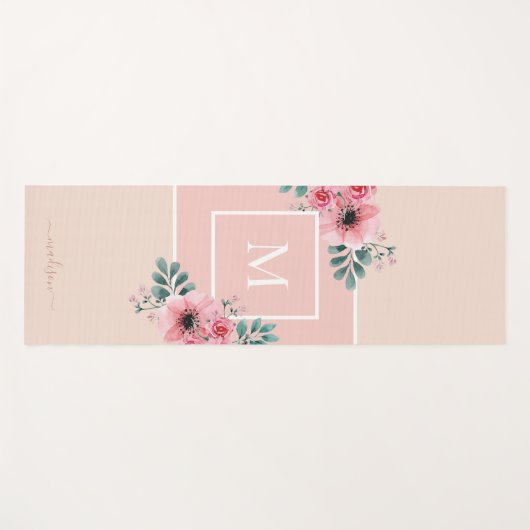 Roze en beige | Monogram Waterverf bloemen Yogamat (Voorkant (horizontaal))