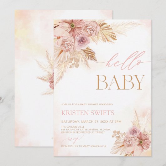 Roze en Beige Pampas Grass Baby shower Hallo Baby Kaart (Voorkant / Achterkant)