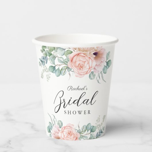 Roze en beige waterverf bloem bruiloftsborrel papieren bekers (Voorkant)