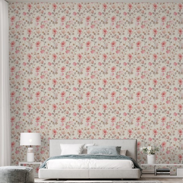 Roze en beige Waterverf bloemennaadloos patroon Behang (Slaapkamer)