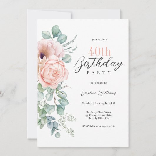 Roze en Beige Waterverf Floral 40th Birthday Kaart (Voorkant)