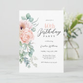 Roze en Beige Waterverf Floral 40th Birthday Kaart (Staand voorkant)