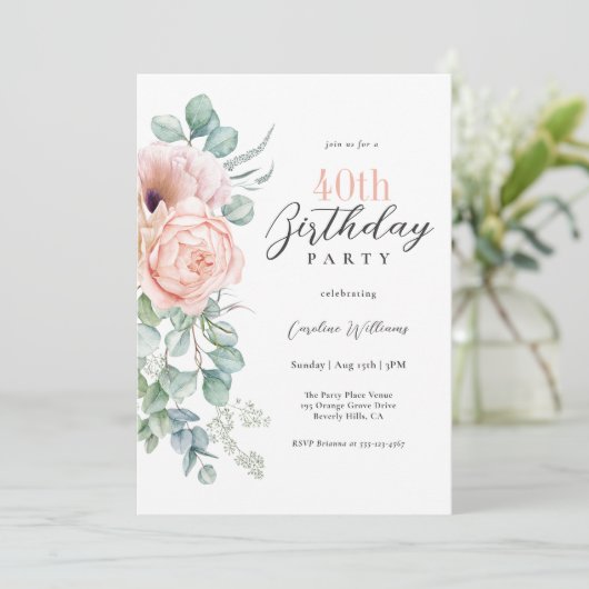 Roze en Beige Waterverf Floral 40th Birthday Kaart (Staand voorkant)