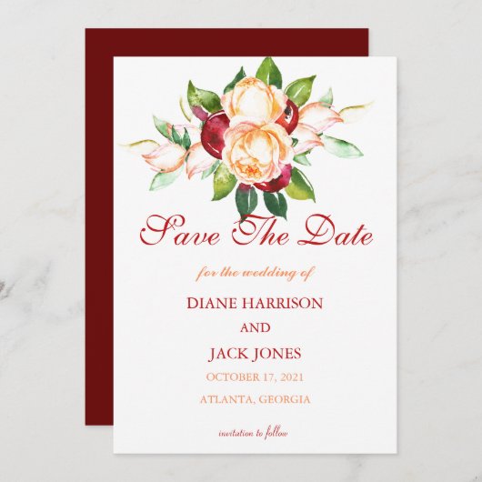 Roze en bes aquarel stelen bruiloft kaart (Voorkant / Achterkant)