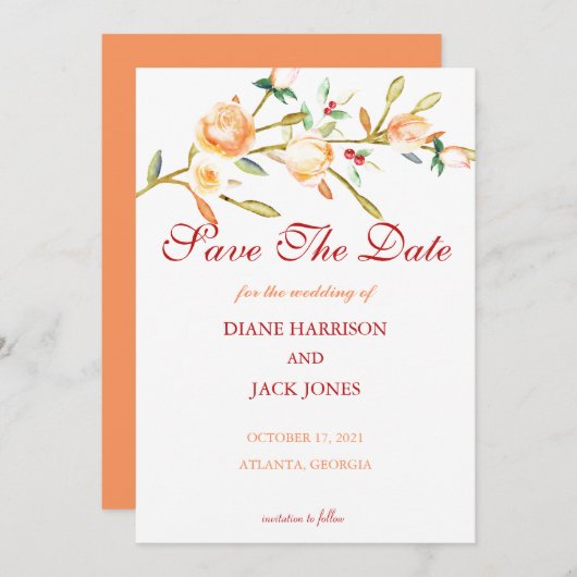 Roze en bes-aquarelstelen bruiloft kaart (Voorkant / Achterkant)