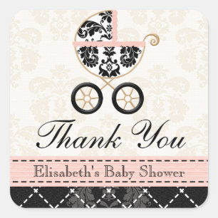 Roze en Black Damask Baby Carriage Hartelijk dank Vierkante Sticker