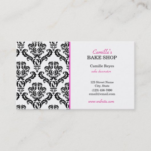  Roze en Black Damask Bakery Visitekaartje (Voorkant)