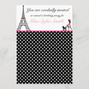Roze en Black Paris Girl Birthday Invitation Kaart