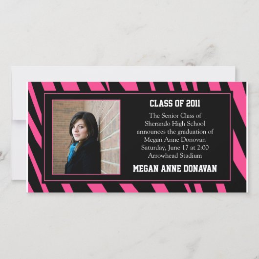 Roze en Black Zebra Photo Afstuderen Invitation (Voorkant)