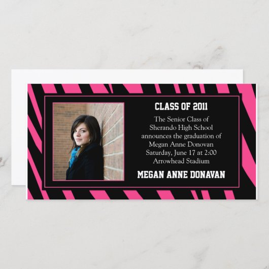 Roze en Black Zebra Photo Afstuderen Invitation (Voorkant / Achterkant)