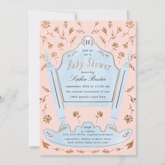 Roze en Blauw Antiek Baby shower Kaart (Voorkant)