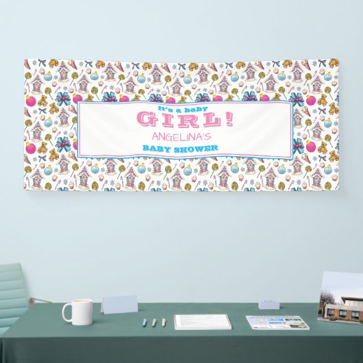 Roze en blauw Baby shower met kerstpatronen Spandoek (Beurs)