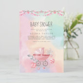 Roze en blauw baby speelgoed baby shower kaart (Staand voorkant)