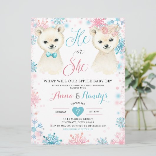 Roze en blauw Beer Winter Genderonderzoek Kaart (Staand voorkant)