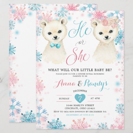 Roze en blauw Beer Winter Genderonderzoek Kaart (Voorkant / Achterkant)