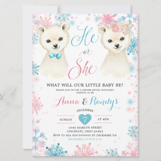 Roze en blauw Beer Winter Genderonderzoek Kaart (Voorkant)