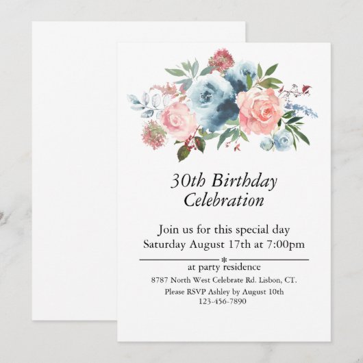 Roze en Blauw Bloemen,  30ste. Birthday Kaart (Voorkant / Achterkant)