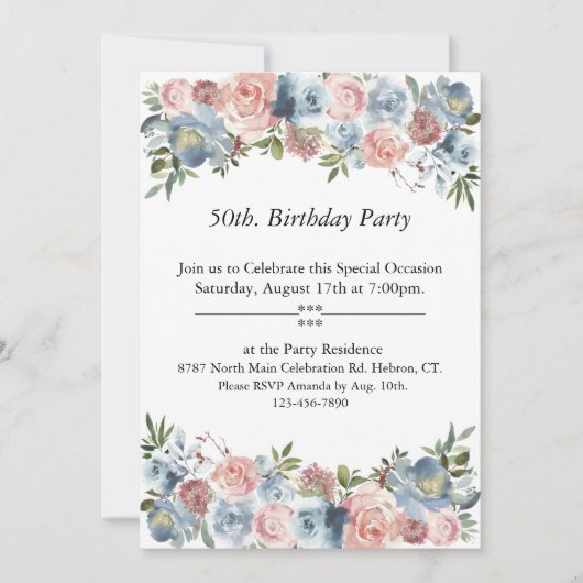 Roze en Blauw Bloemen, ,50ste. Birthday Kaart (Voorkant)