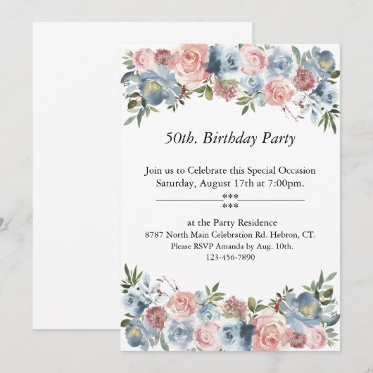 Roze en Blauw Bloemen, ,50ste. Birthday Kaart (Voorkant / Achterkant)