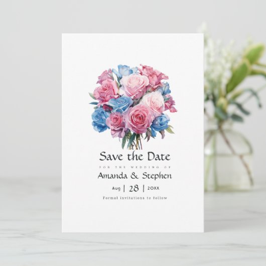 Roze en Blauw Bloemen Bruiloft Bloemen Save The Date (Staand voorkant)