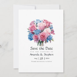 Roze en Blauw Bloemen Bruiloft Bloemen Save The Date