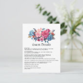 Roze en Blauw Bloemen Bruiloft Gast Details Informatiekaartje (Staand voorkant)