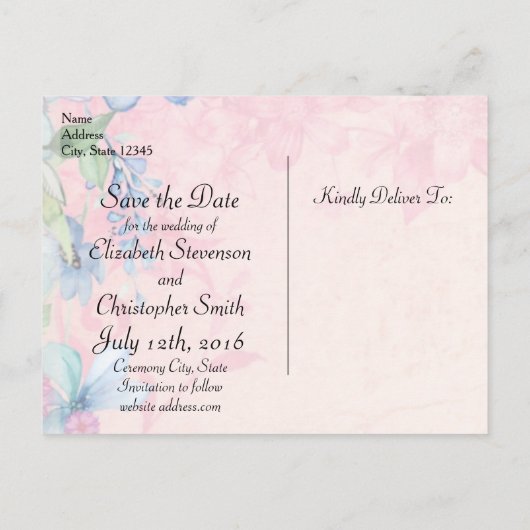  Roze en Blauw Bloemen Bruiloft Save The Date Aankondigingskaart (Achterkant)
